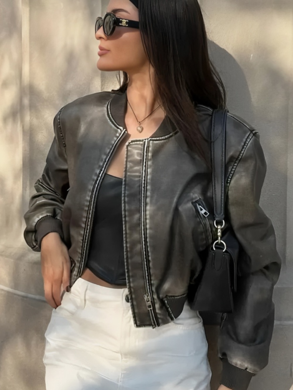 ZARA Distressed Effect Bomber Jacket | Cropped Faux Leather Jacket | Dark Brown